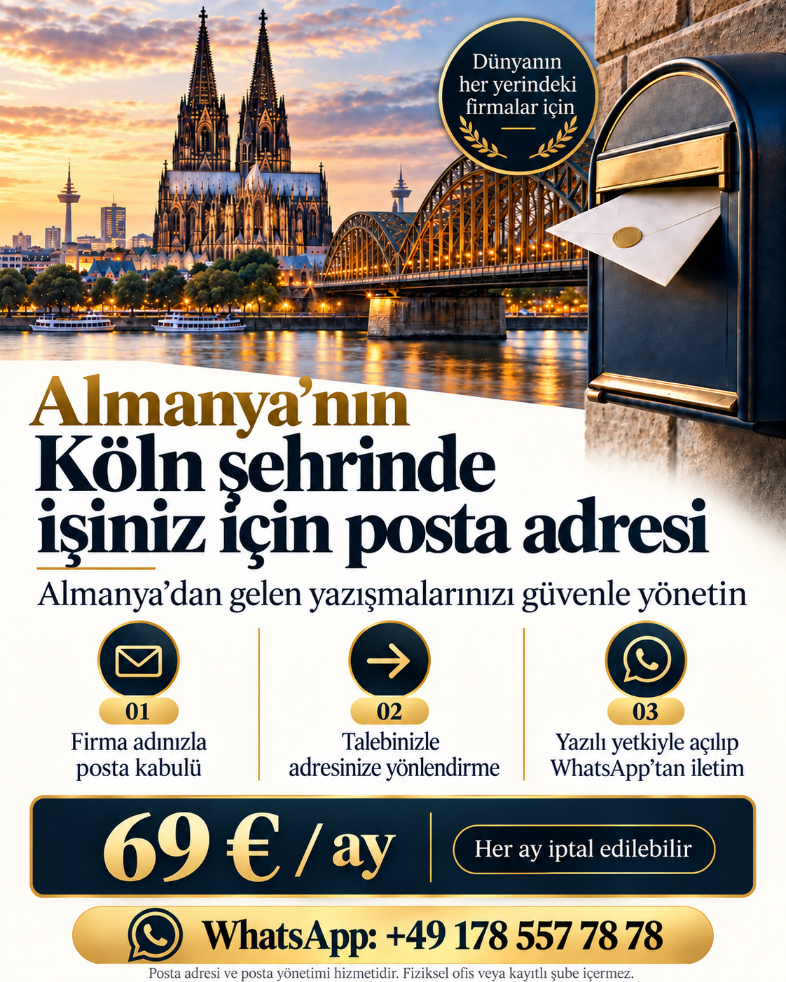 Köln posta adresi ve posta yönetimi hizmeti — aylık 69 Euro. WhatsApp: +49 178 557 78 78